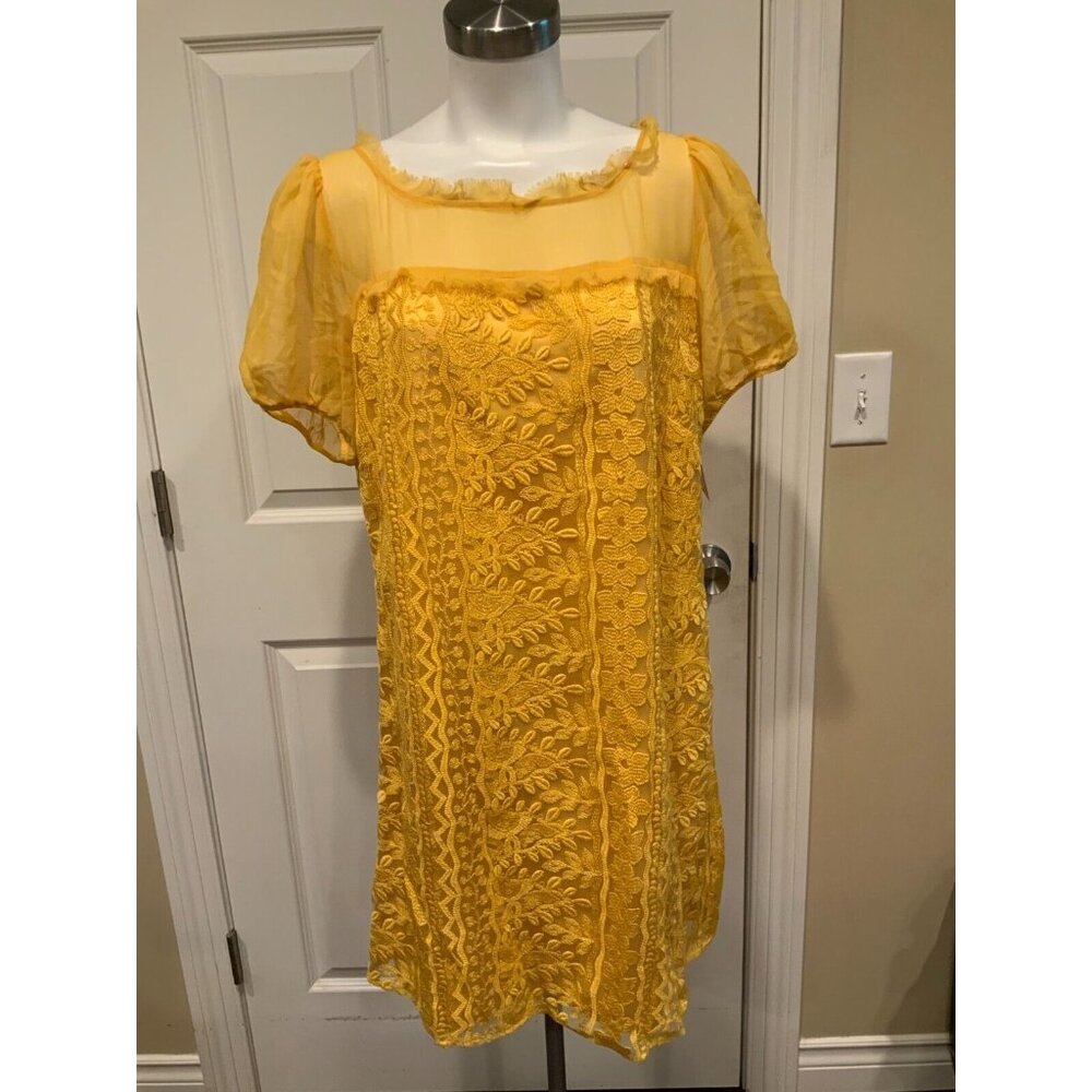 Laundry By Shelli Segal Dark Yellow Floral Embroidered Shift Dress, Size 12